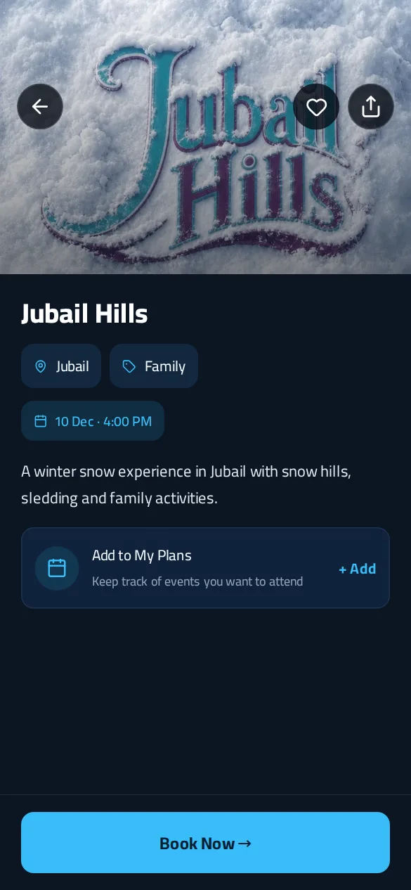 An event page with the date, the city and a Book now button