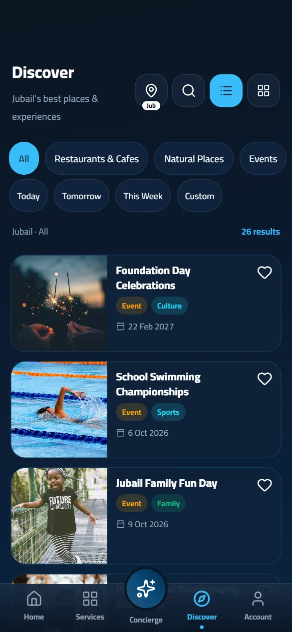 Discover screen listing places and events