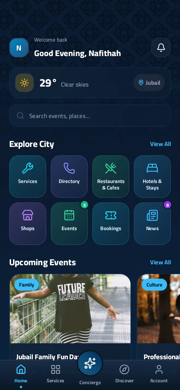 Nafithah home screen with the weather, city shortcuts and upcoming events